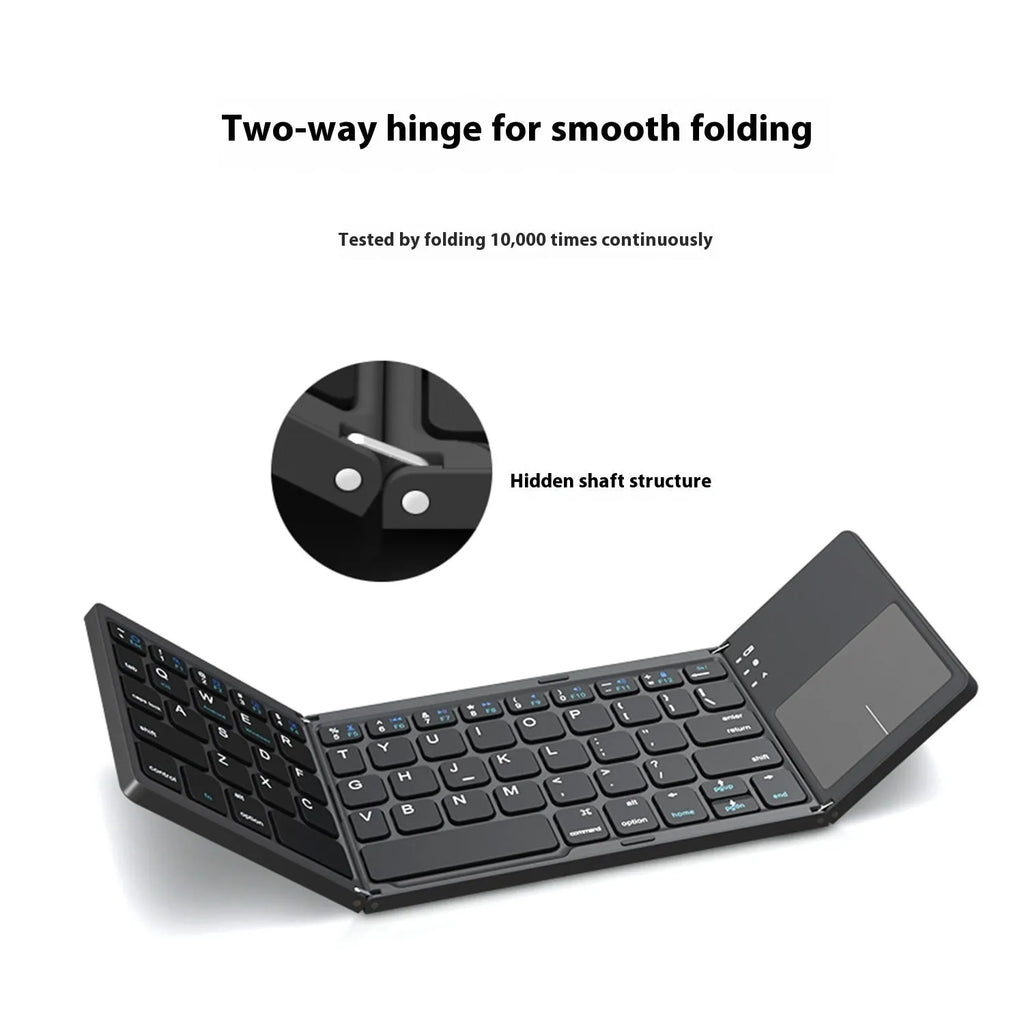 Tri-fold Bluetooth keyboard shown in black and silver colours with compact folded design