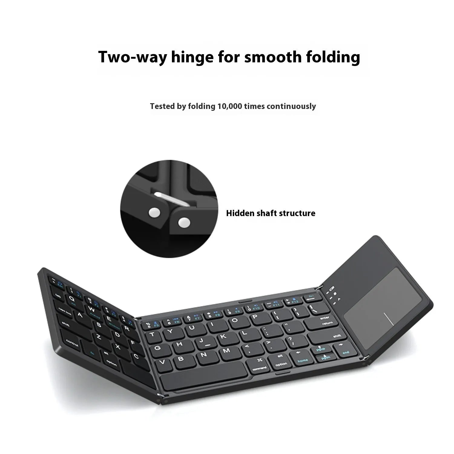 Tri-fold Bluetooth keyboard shown in black and silver colours with compact folded design