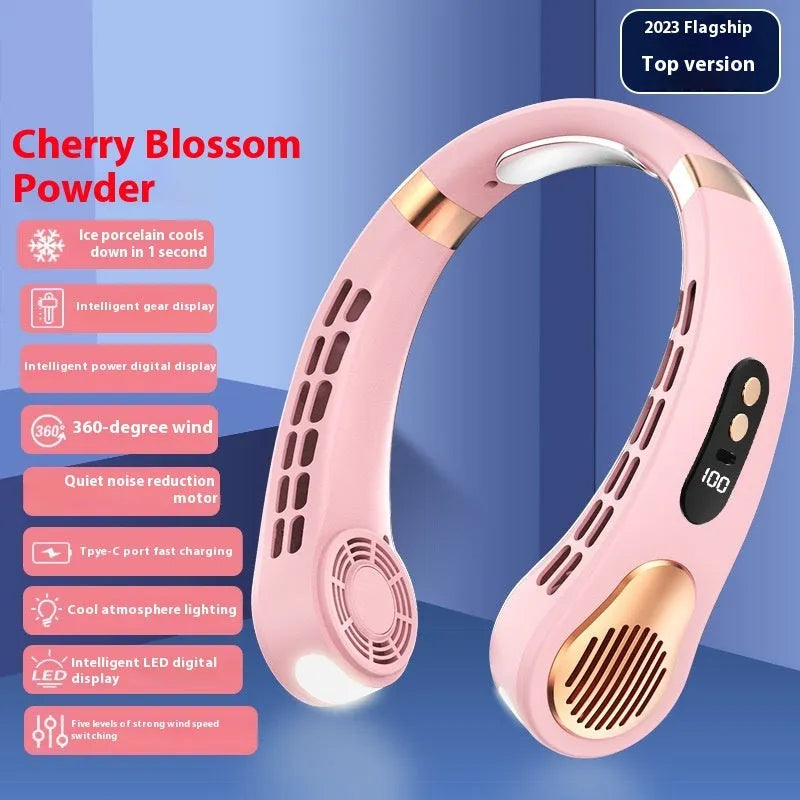 Blue leafless halter fan with digital display worn around neck showing five-speed interface