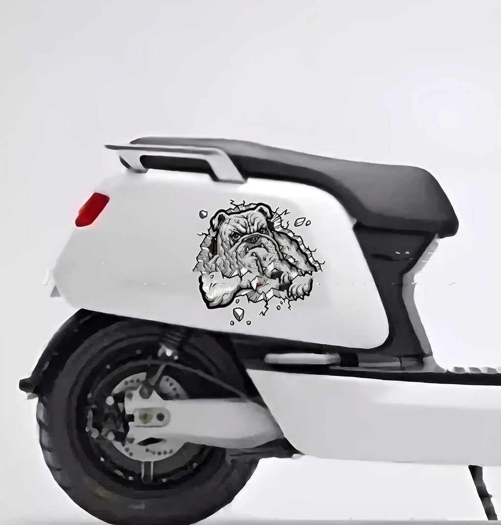 Grey dog pattern motorcycle decorative sticker showing 17x17cm dimensions with custom sizing option