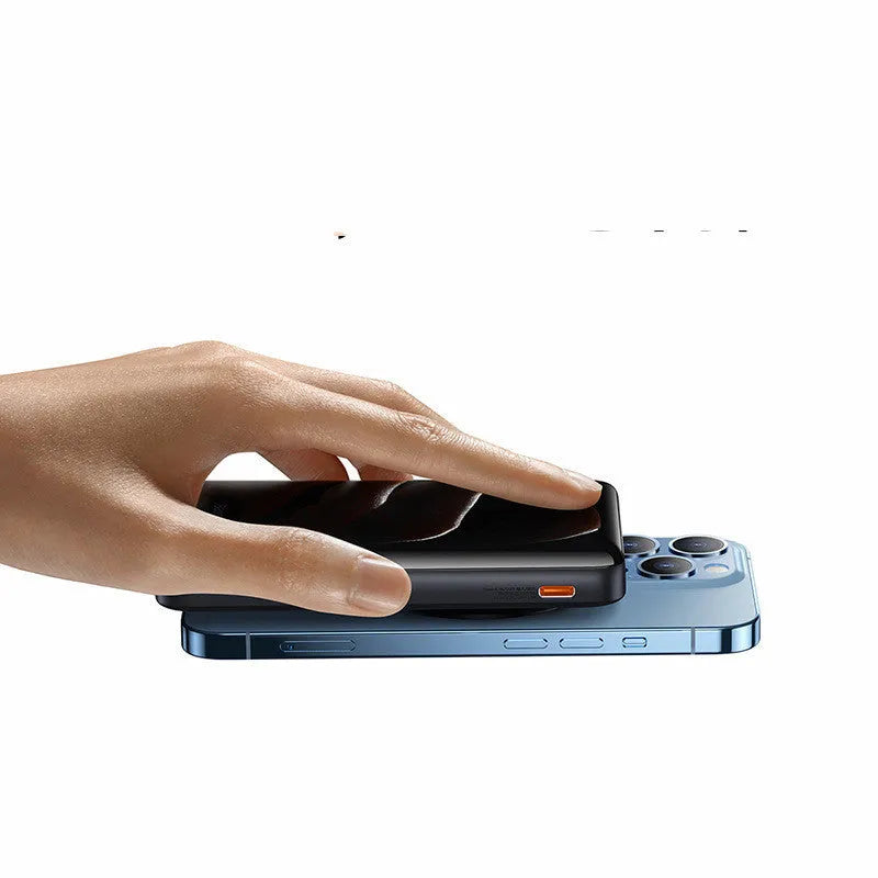 Slim blue, white, and pink magnetic wireless power bank showing compact size and charging cable.