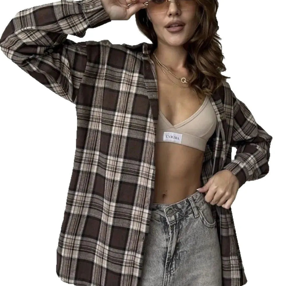 Dark brown retro striped women's long sleeve cotton shirt with collage stitching detail