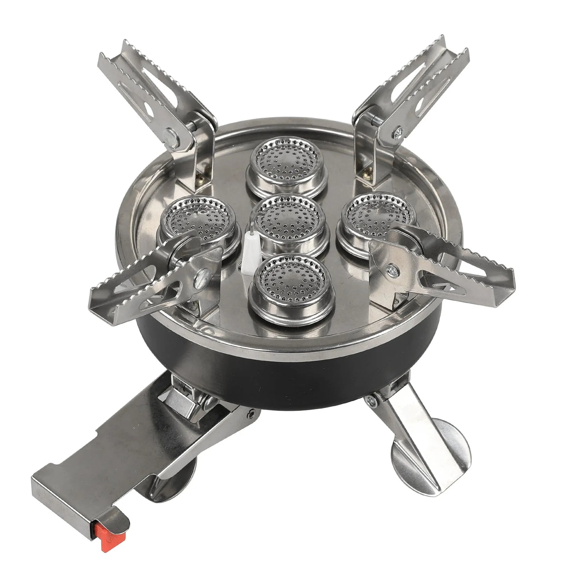 Silver coloured portable split stove made of stainless steel and copper with a long hose, shown folded for transport.
