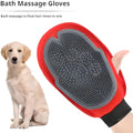 Red pet bathing glove with integrated brush bristles for grooming and massage