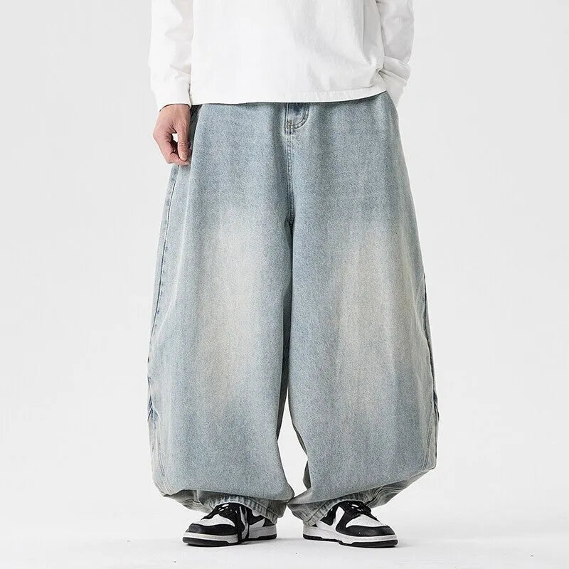 Men's plus size wide leg cotton denim jeans in three colour options with straight leg opening