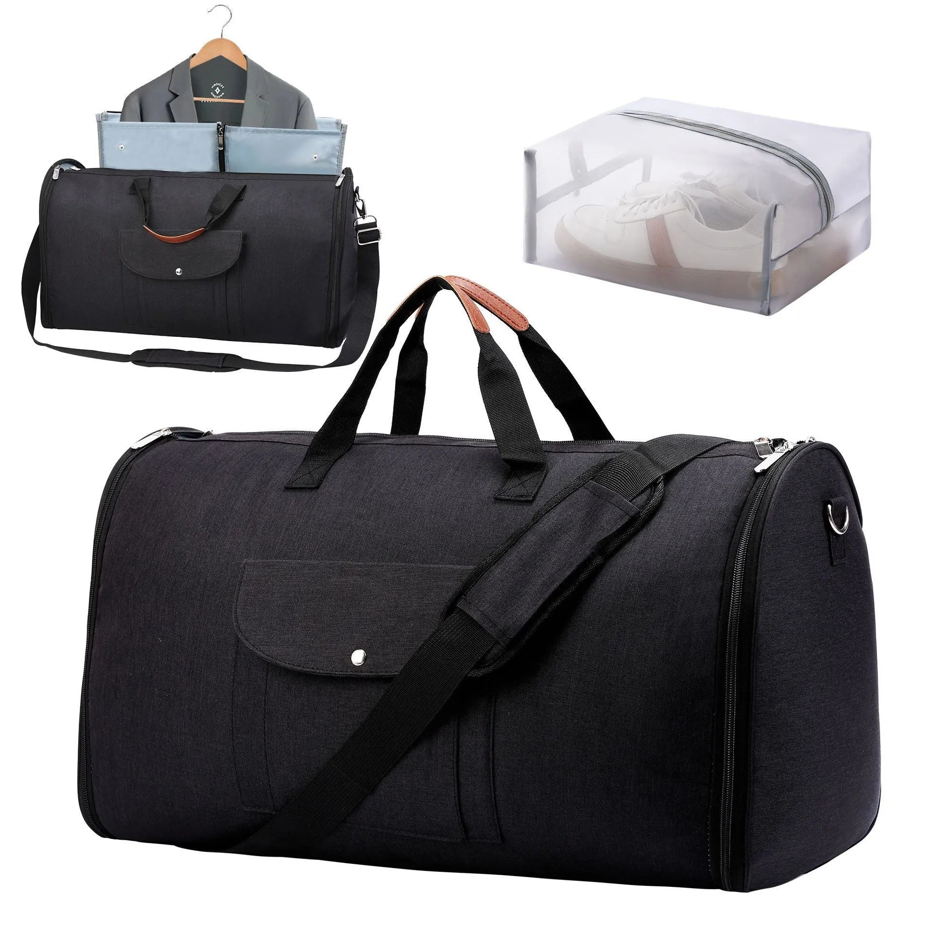 Folding duffel luggage bag in dark blue, grey, or black, suitable for business travel and gym.