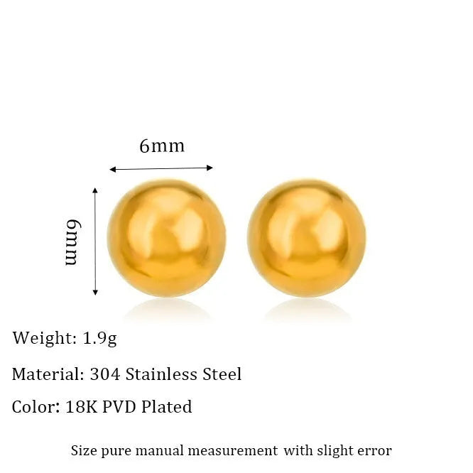 Stainless steel round ball stud earrings on a white background, showing gold and silver plated options.