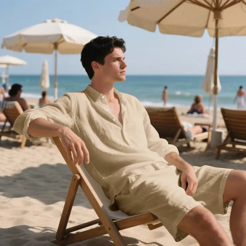 Men's linen shorts suit set showing long sleeve shirt and casual shorts in a light colour