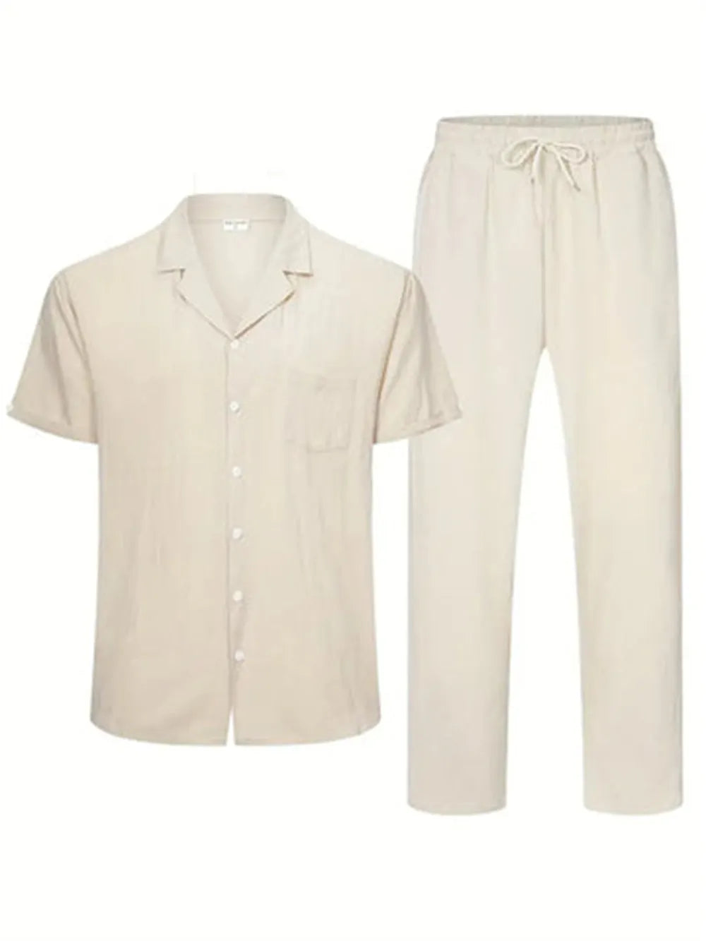 Men's cotton blend casual exercise short sleeve suit set in khaki with top and pants on a model