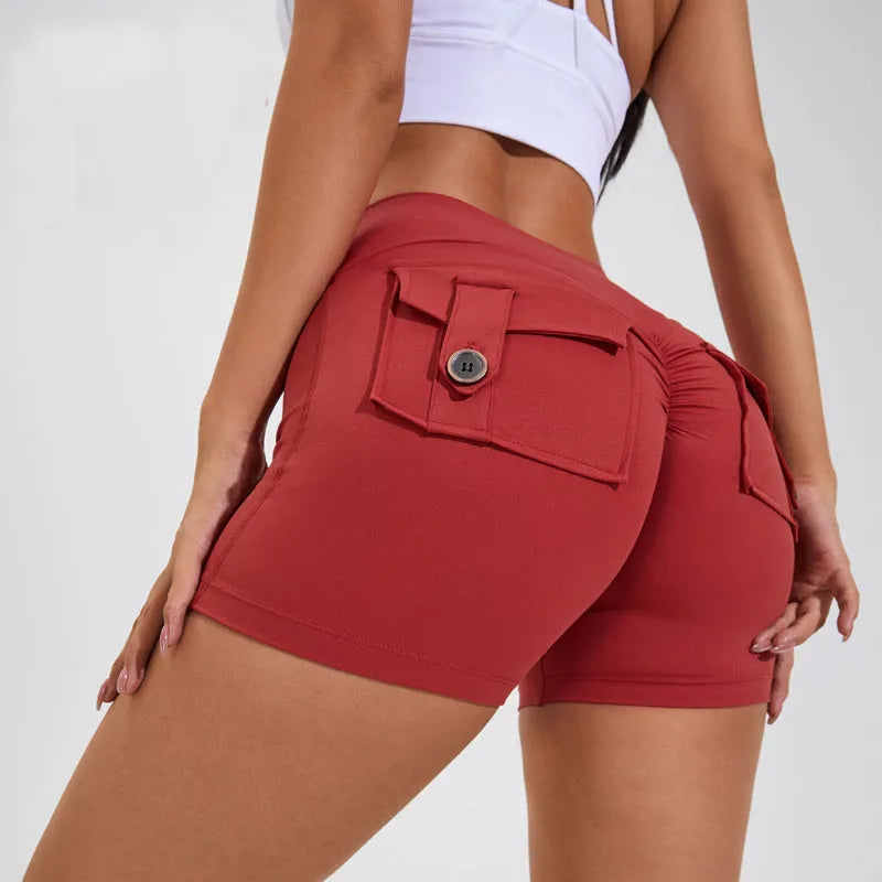 Women's high waist hip lifting sports shorts with pockets in quick-dry nylon fabric