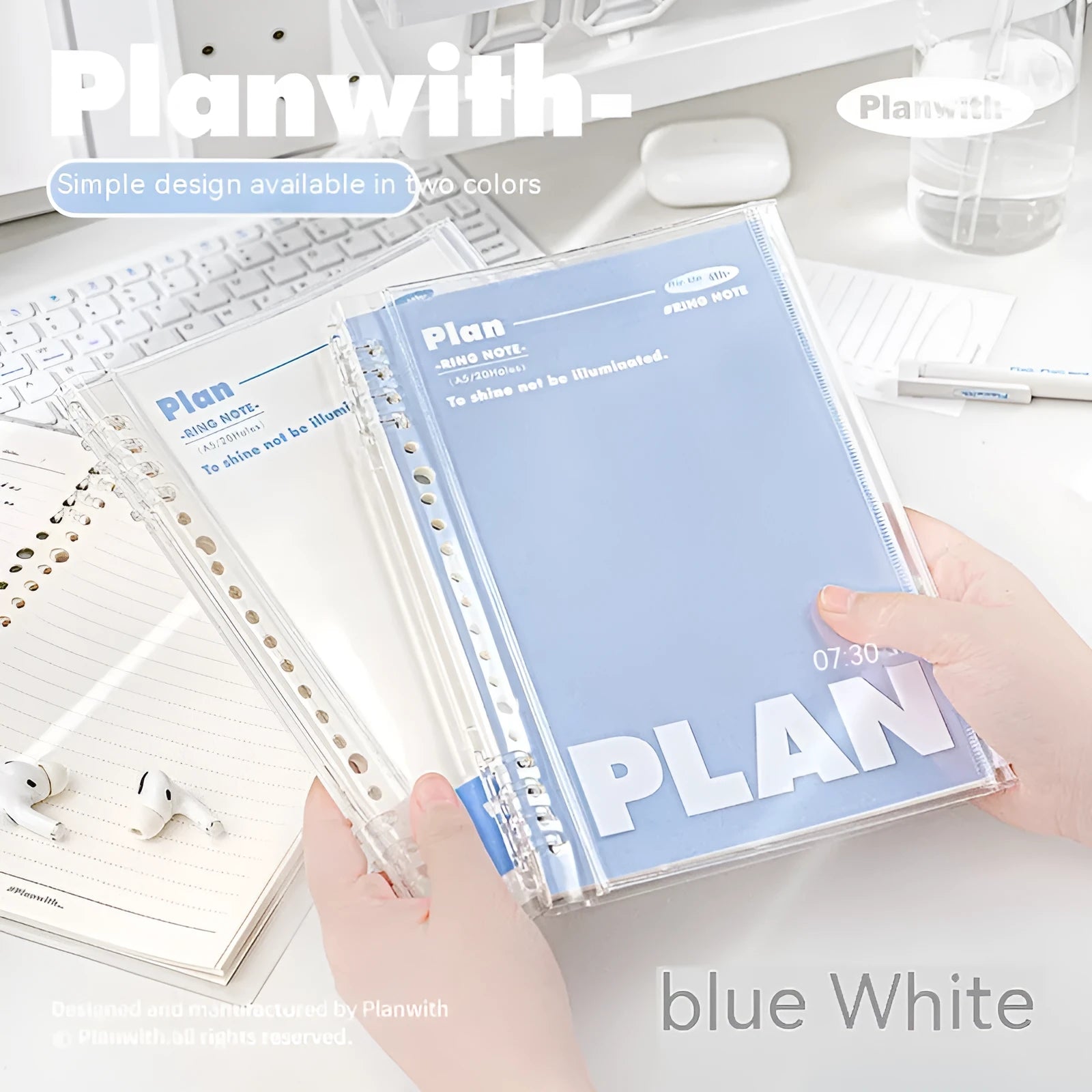 A5 clear PVC notebook case in white or blue colour, showing transparent front cover