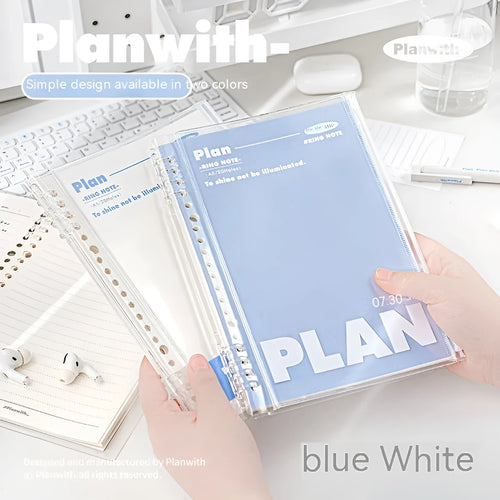 A5 clear PVC notebook case in white or blue colour, showing transparent front cover