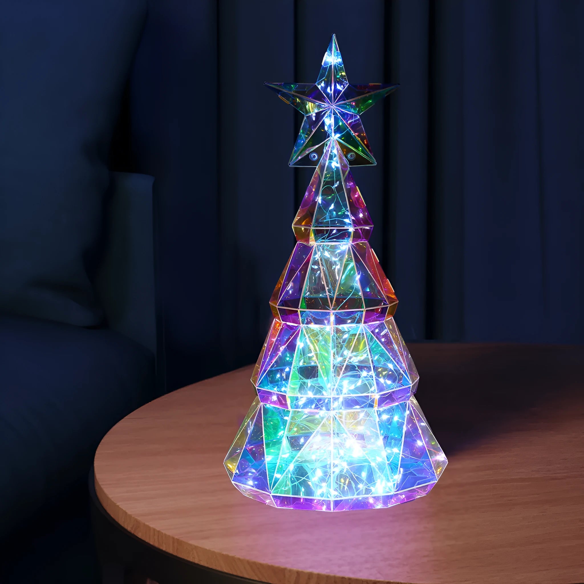 Colourful LED-lit Christmas tree decorative toy measuring 20cm tall with cartoon style