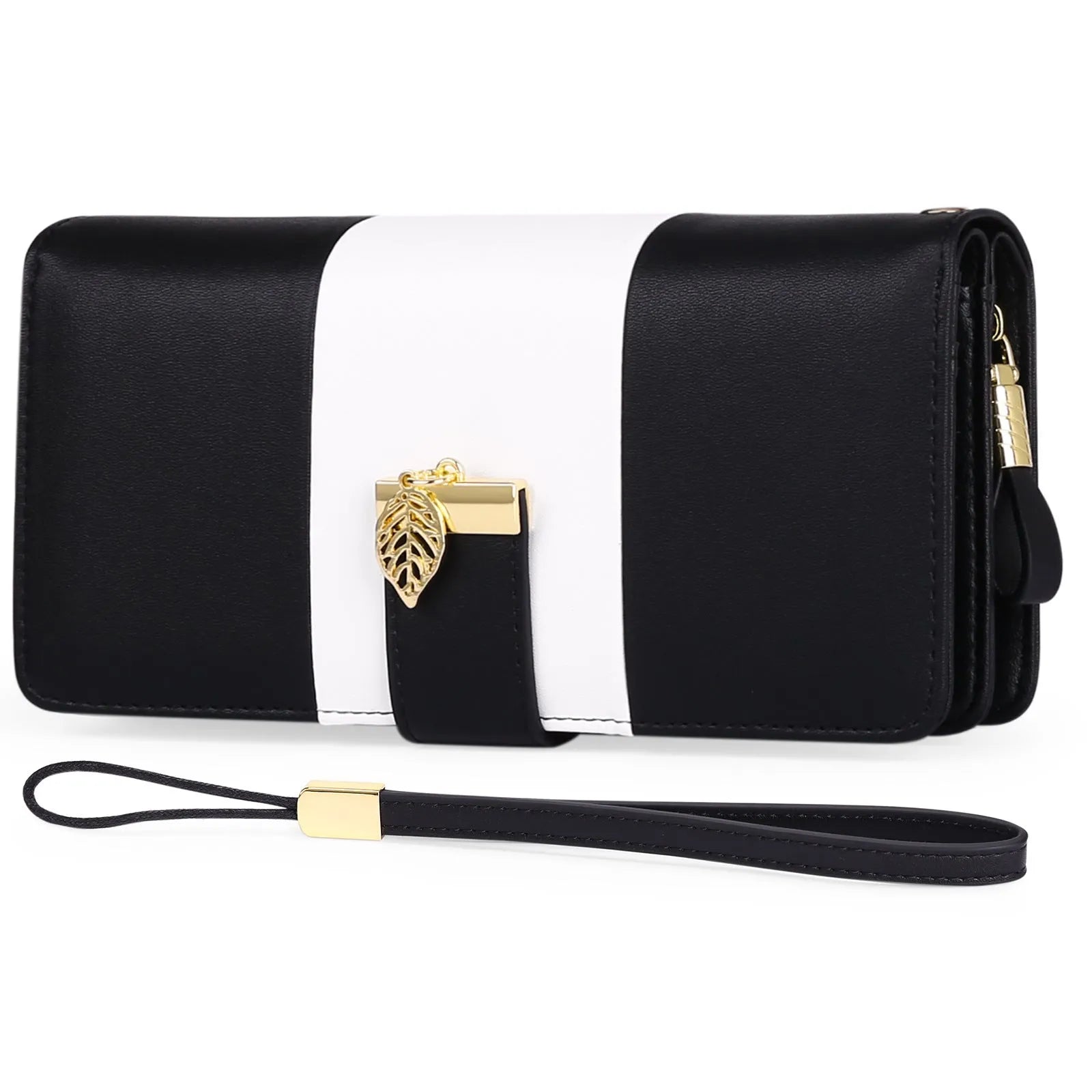 Anti-theft clutch handbag with lock closure in PU leather showing interior organisation and colour options