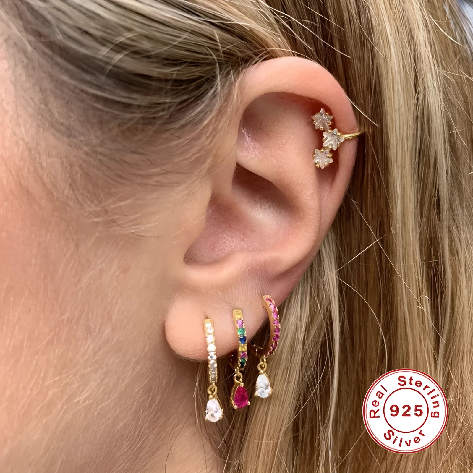 S925 sterling silver water drop earrings with geometric shape and decorative elements