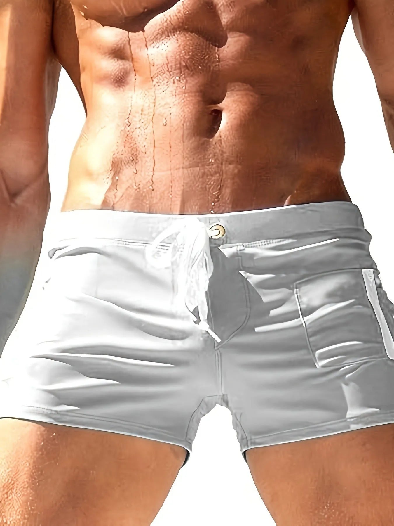 Men's black high waist swimming trunks with a lace-up front detail