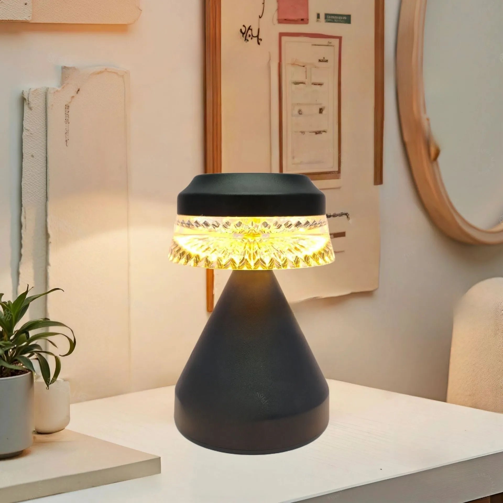 Black USB rechargeable LED bedside night lamp with touch dimming on a wooden table.