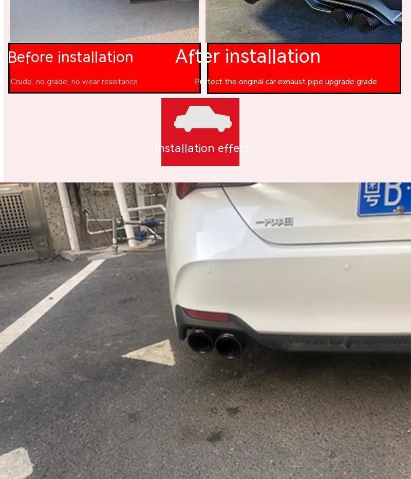 Black carbon fibre car exhaust pipe with two-tail-one-nozzle silencer design and double outlet configuration