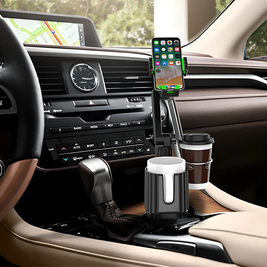Green car dashboard drink rack with separate mobile phone holder mounted on windscreen.