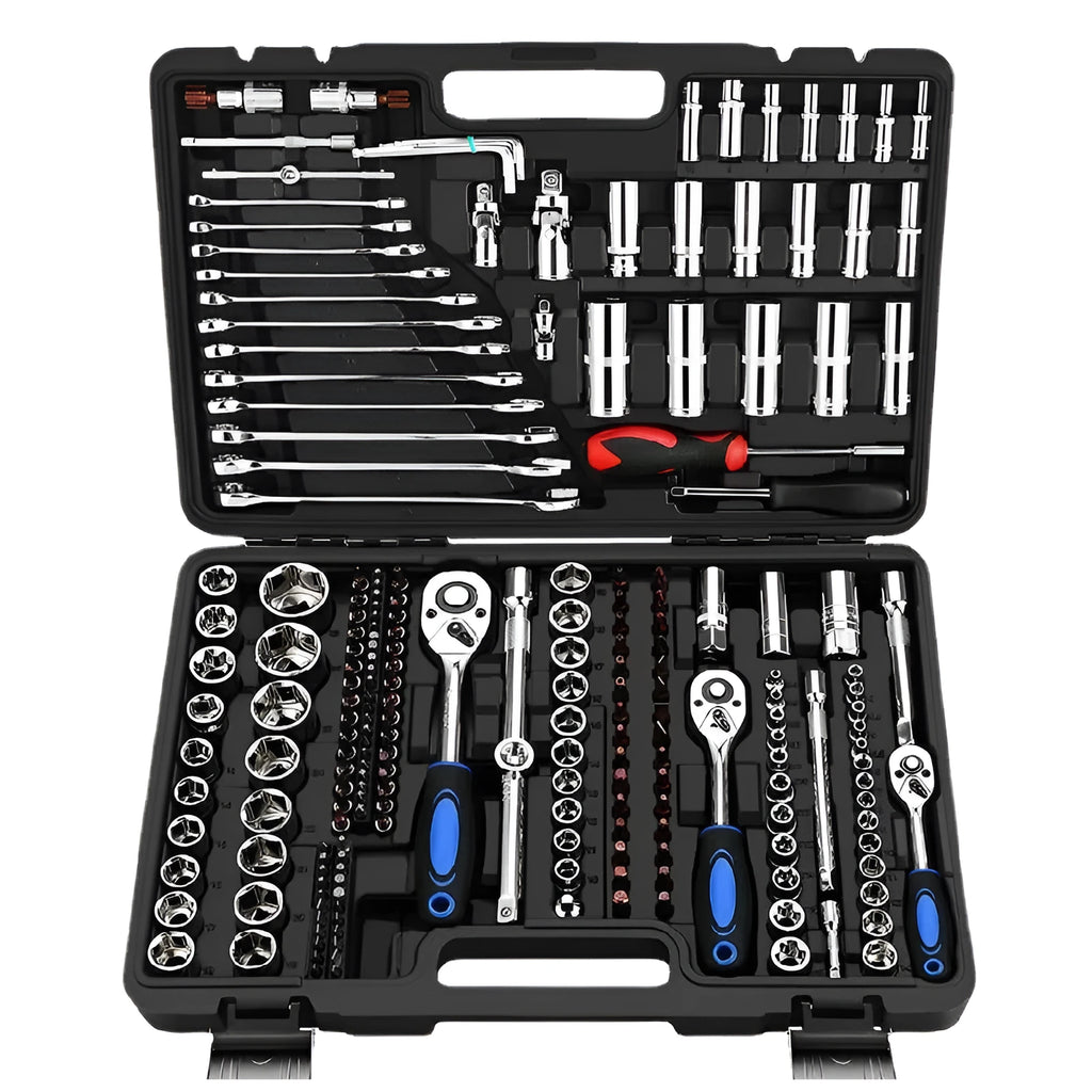 46-piece chromium vanadium steel socket ratchet set with ratchet handles in a black storage case.