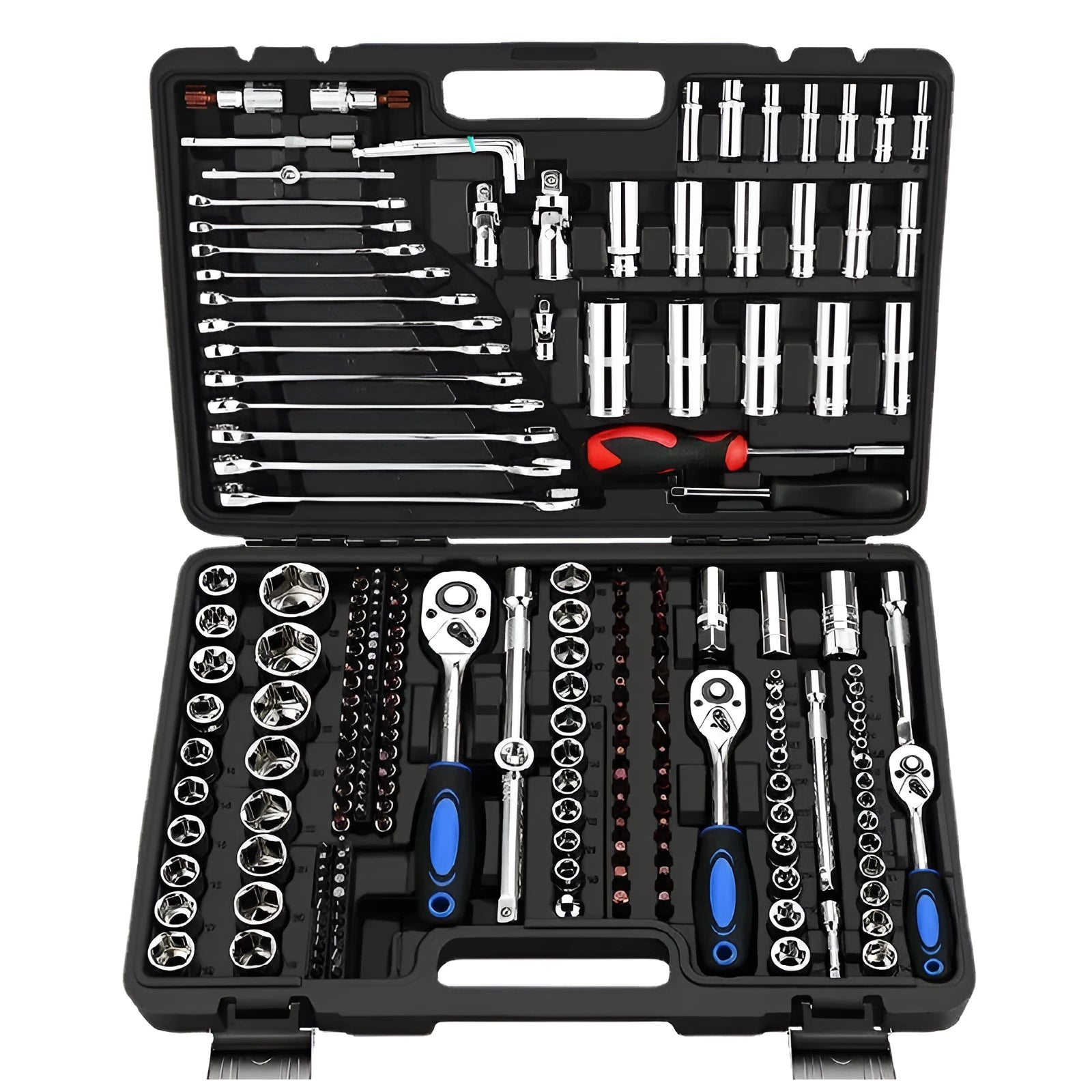46-piece chromium vanadium steel socket ratchet set with ratchet handles in a black storage case.