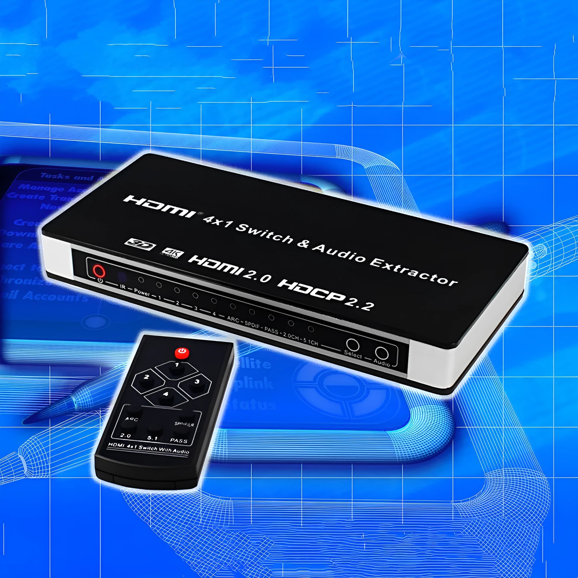 Black HDMI audio/video switch with remote control, showing four input ports and one output port.