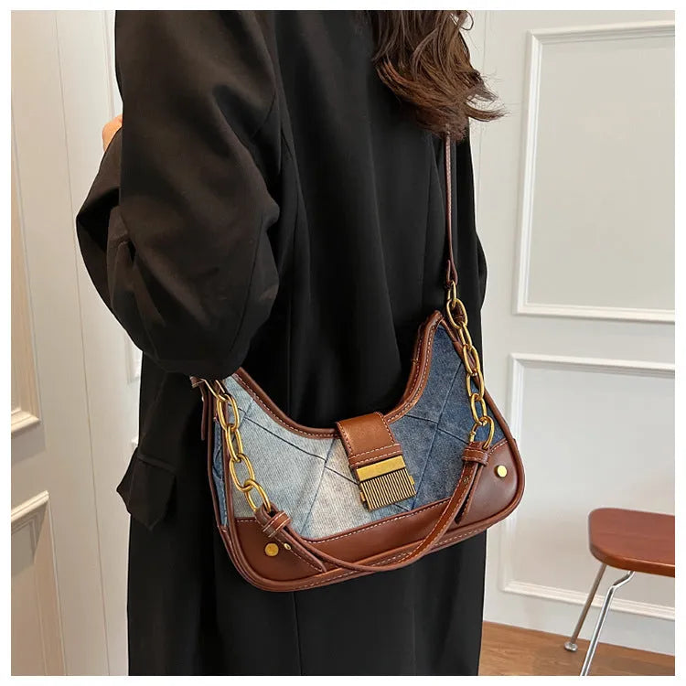 Brown denim women's shoulder bag with diamond mesh pattern and chain strap details