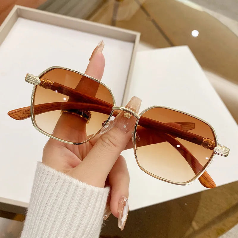 Women's frameless trim glasses with wood grain pattern and gold alloy frame.