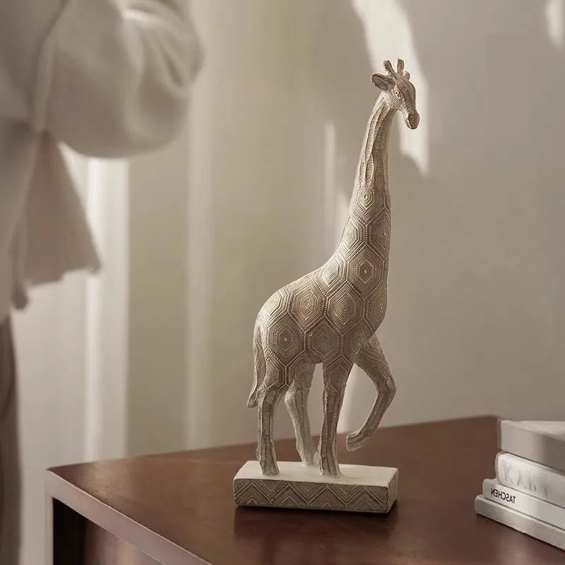 Wood colour synthetic resin giraffe decorative figurine with European style design measuring 30.5cm tall