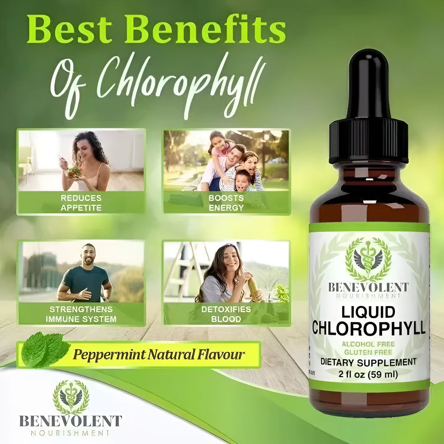 60ml bottle of liquid chlorophyll drops supplement for adult intestinal care and natural body odor support