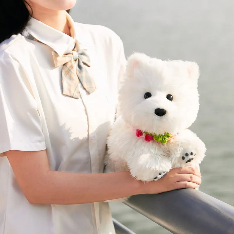West Highland simulation plush dog with JK plaid pink scarf in colour box packaging