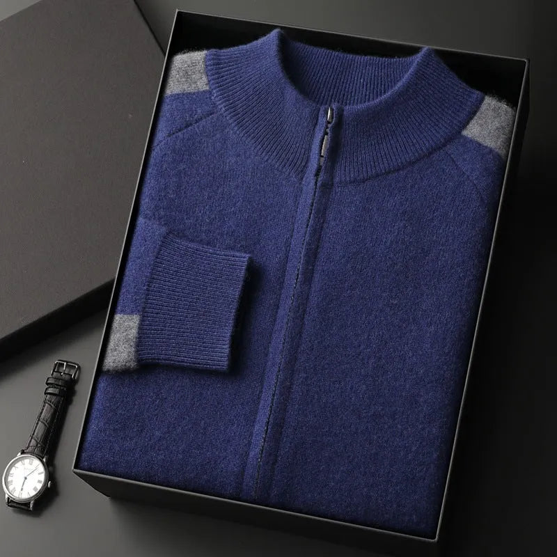 Men's camel coloured cashmere blend half turtleneck zip cardigan and trousers suit set
