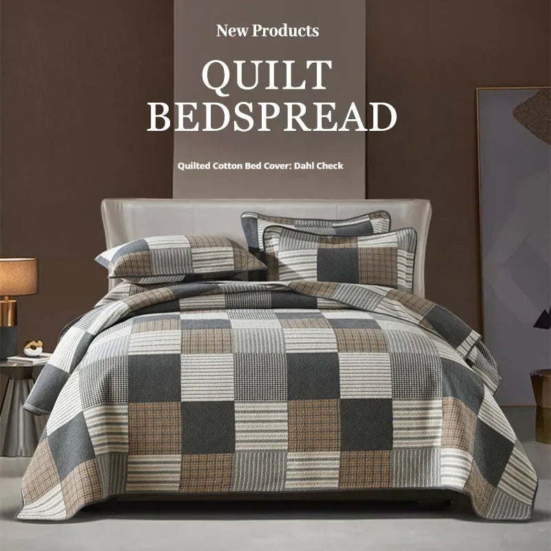 Pure cotton bedspread three-piece set with geometric print pattern showing bed cover and pillowcases