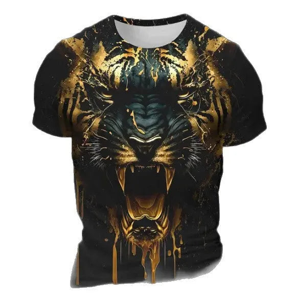 Man wearing a black T-shirt with a detailed 3D tiger graphic print on the chest.