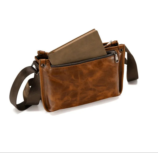 Men's brown genuine leather crossbody bag large capacity single shoulder commuting travel