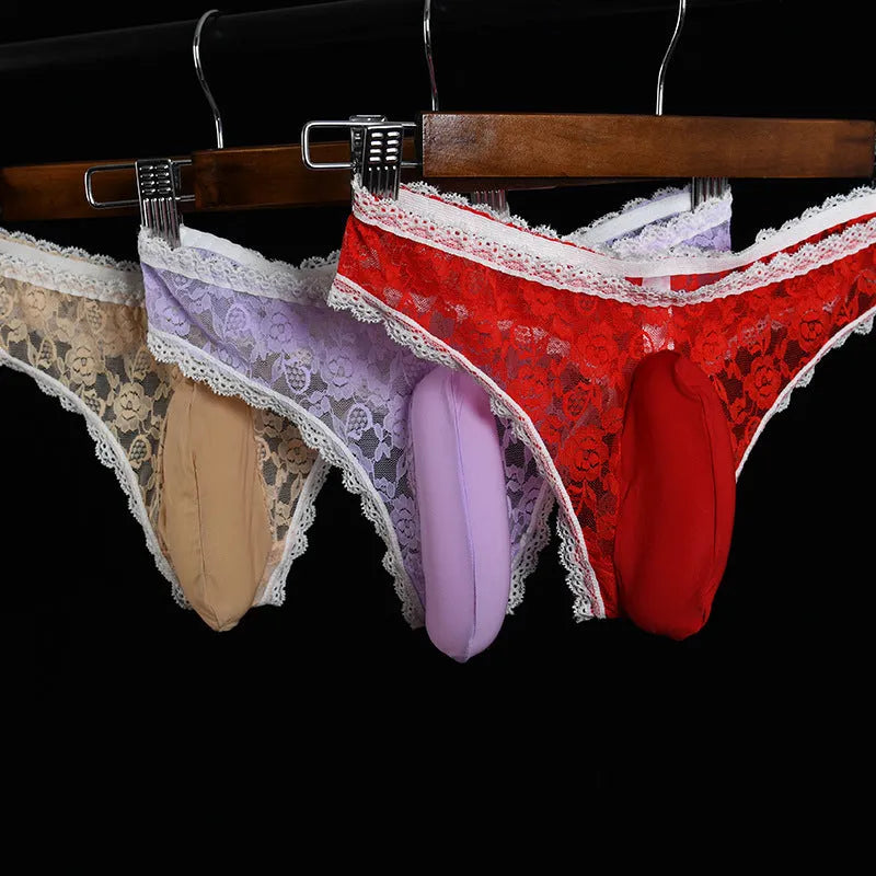 Qing He men's lace underwear briefs with vertical pouch design in black on white background