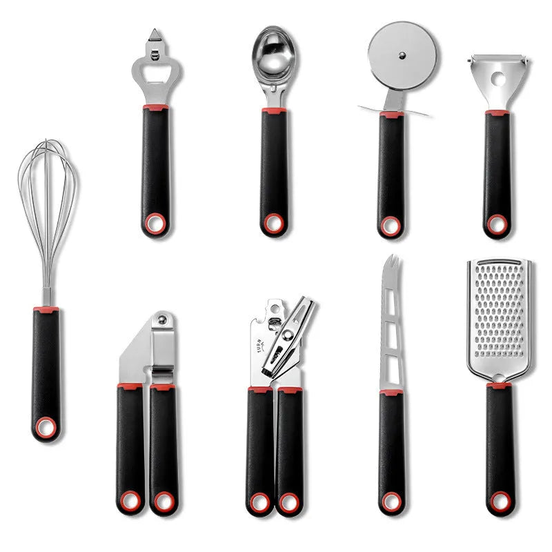 Set of nine stainless steel kitchen utensils with plastic handles in green, black, black and red, and black and green colour options on a light background