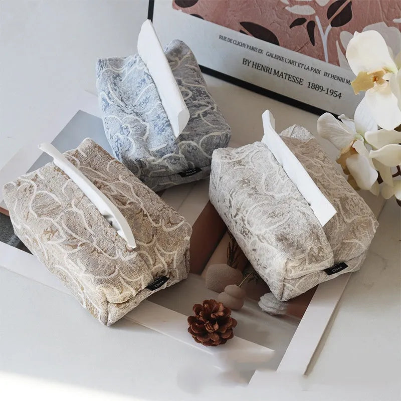 Chinese style cotton tissue box with floral pattern in living room setting