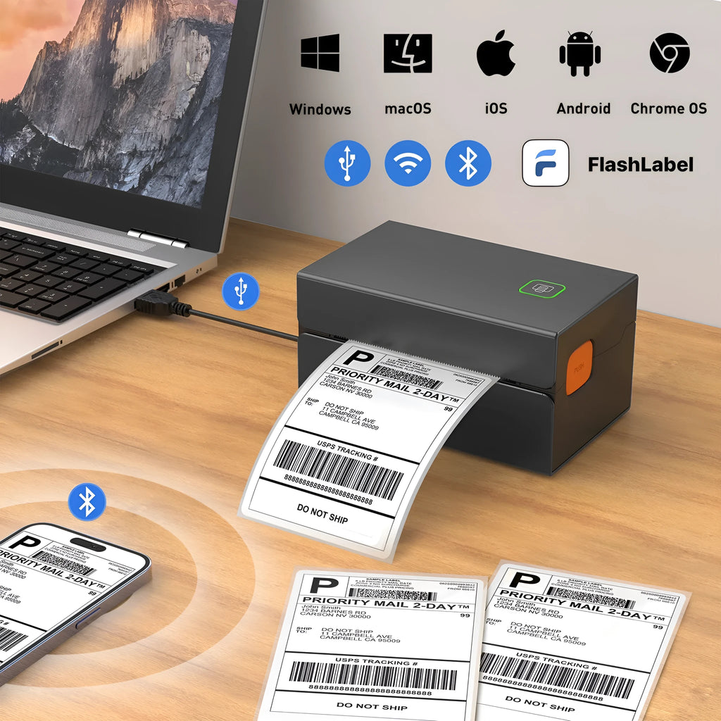 Black thermal label printer with USB interface for express order printing, 2kg weight