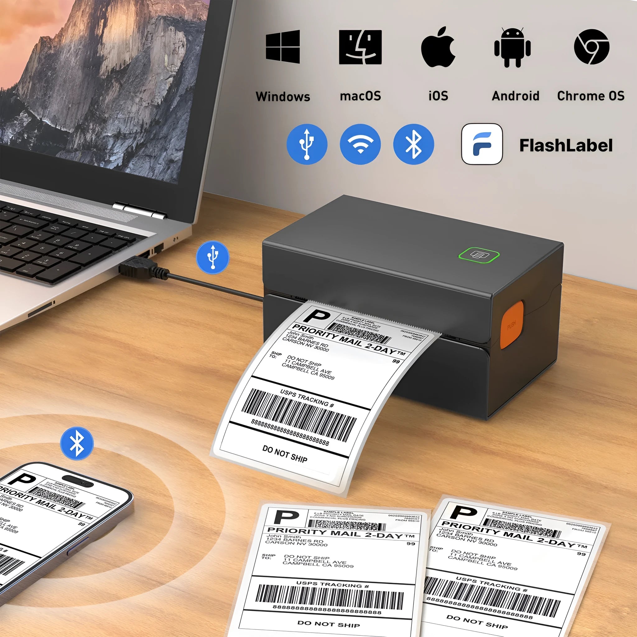Black thermal label printer with USB interface for express order printing, 2kg weight