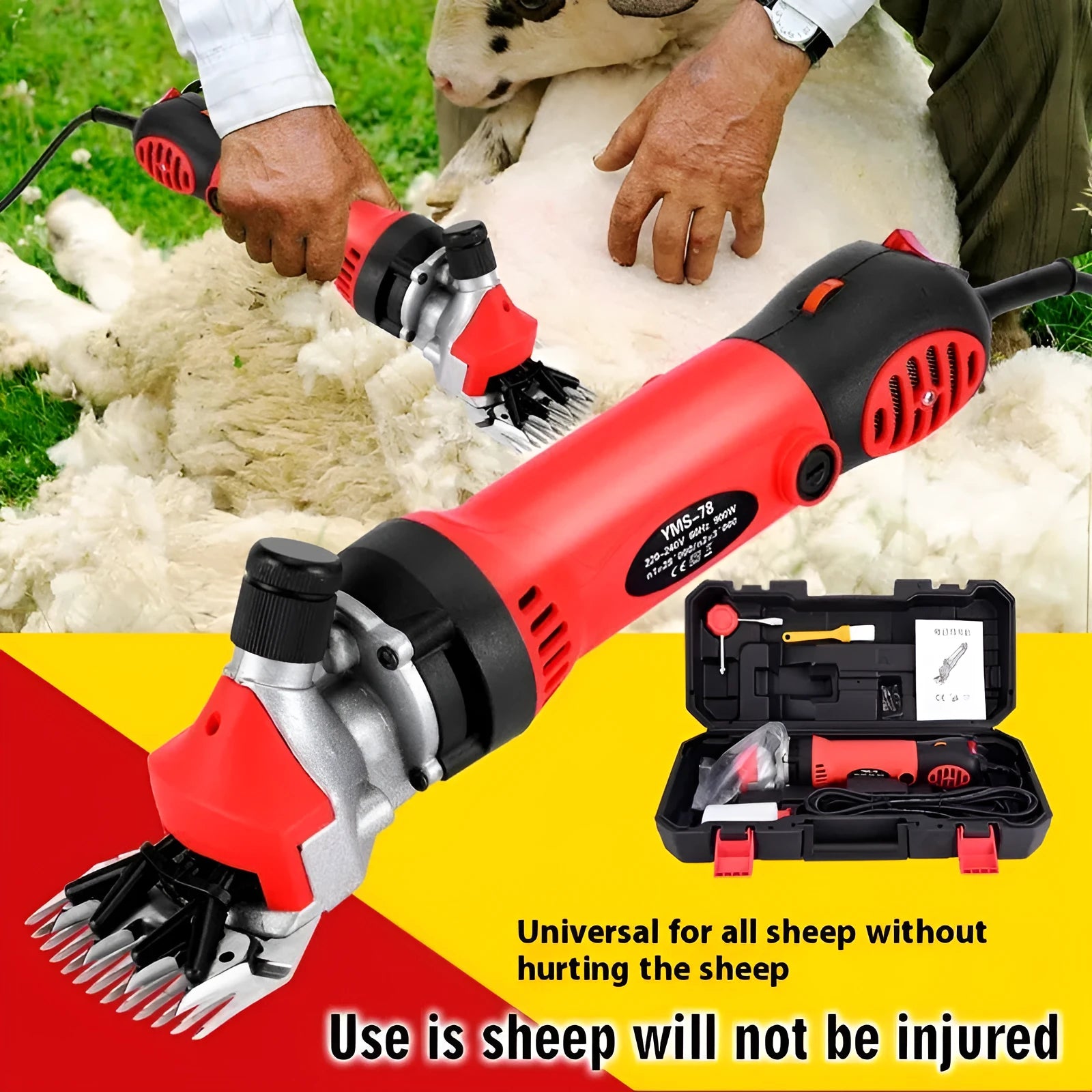 Yellow electric wool shearing plug-in unit with multiple cutting comb sets and maintenance accessories