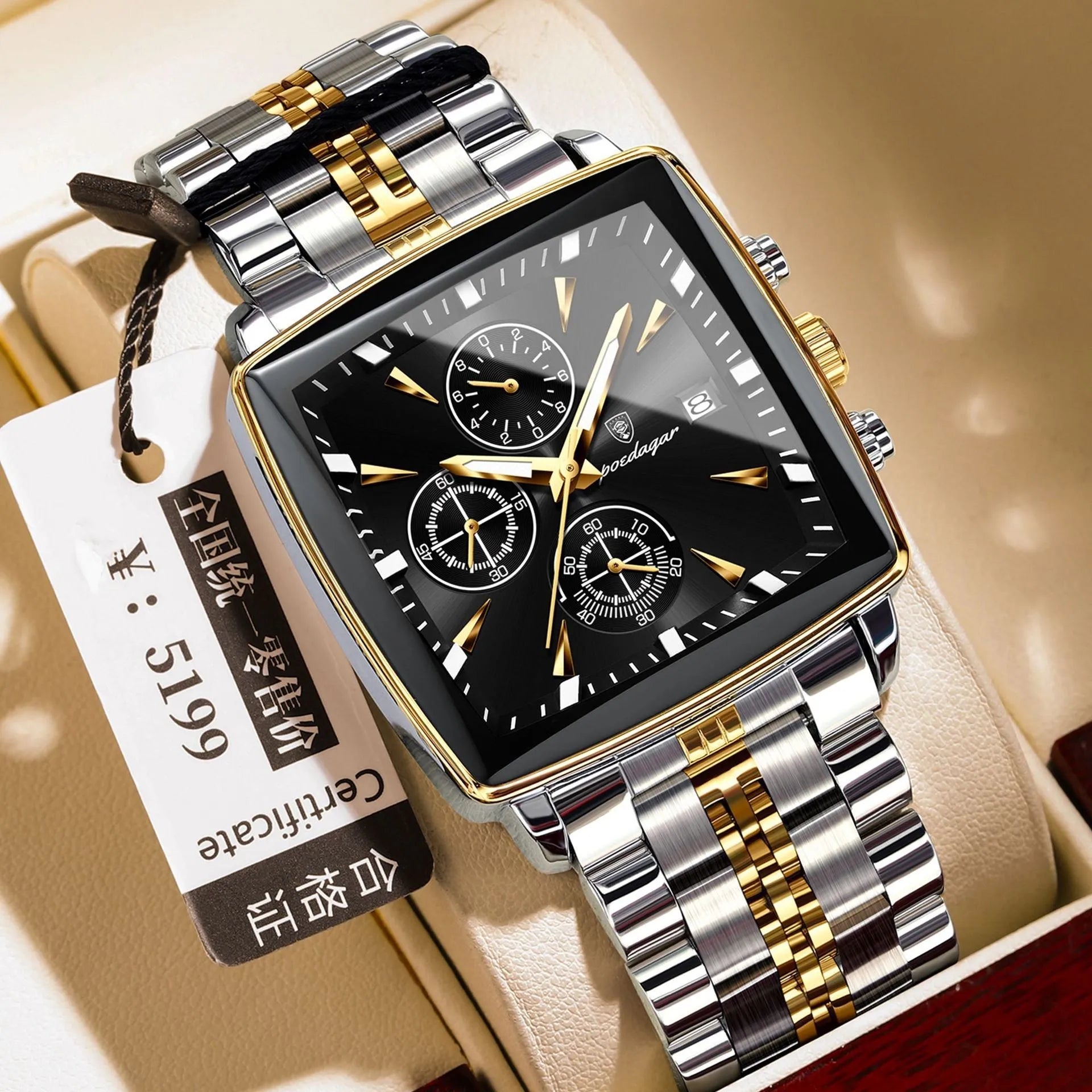 Men's square business watch with stainless steel strap and butterfly clasp in various colour options.