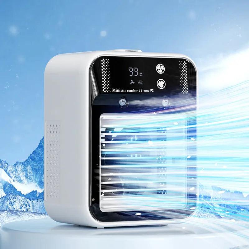 Ivory white portable USB air cooler fan with touchscreen control and water tank