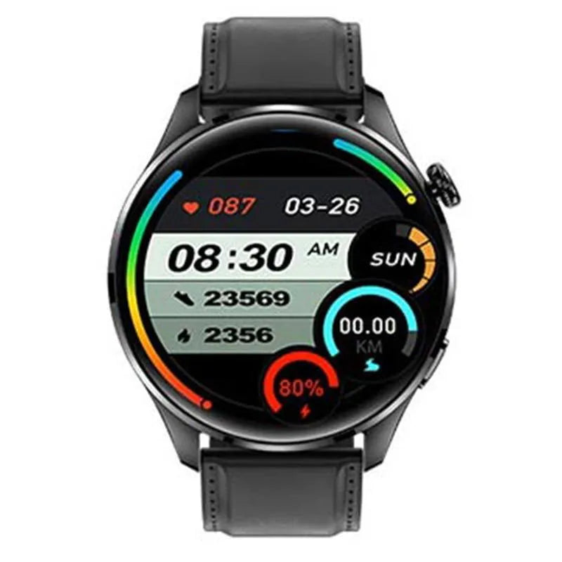 Smart watch with round colour screen and zinc alloy case on a black silicone strap.