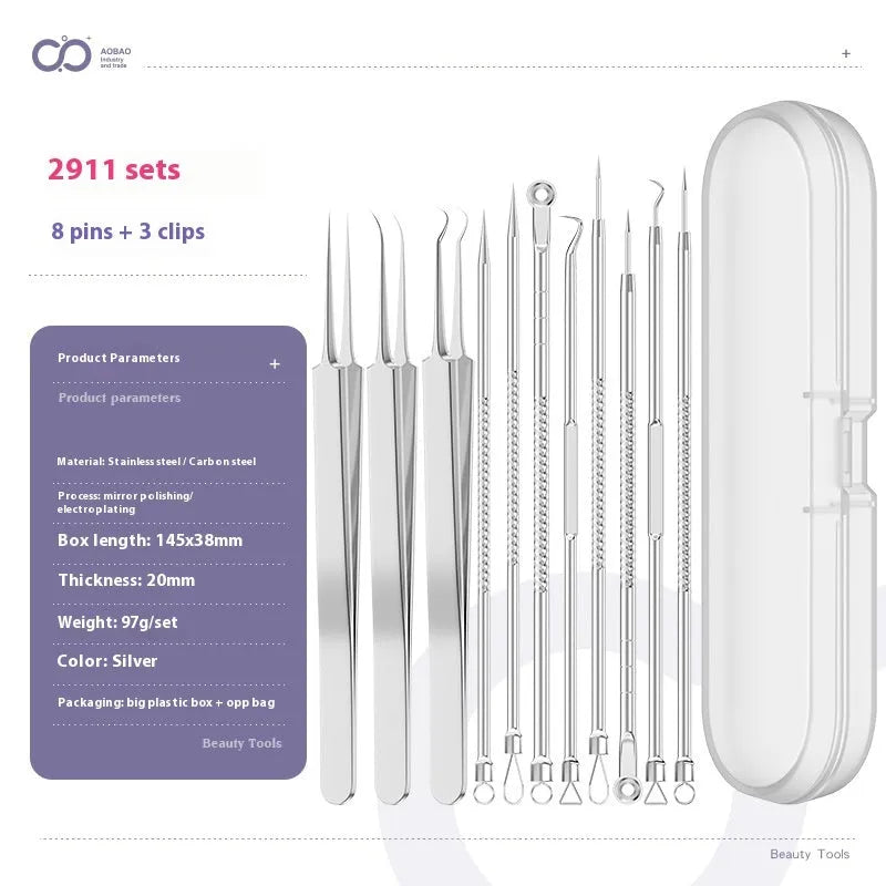 Set of four silver metal acne needles with pointed tips on a white background.