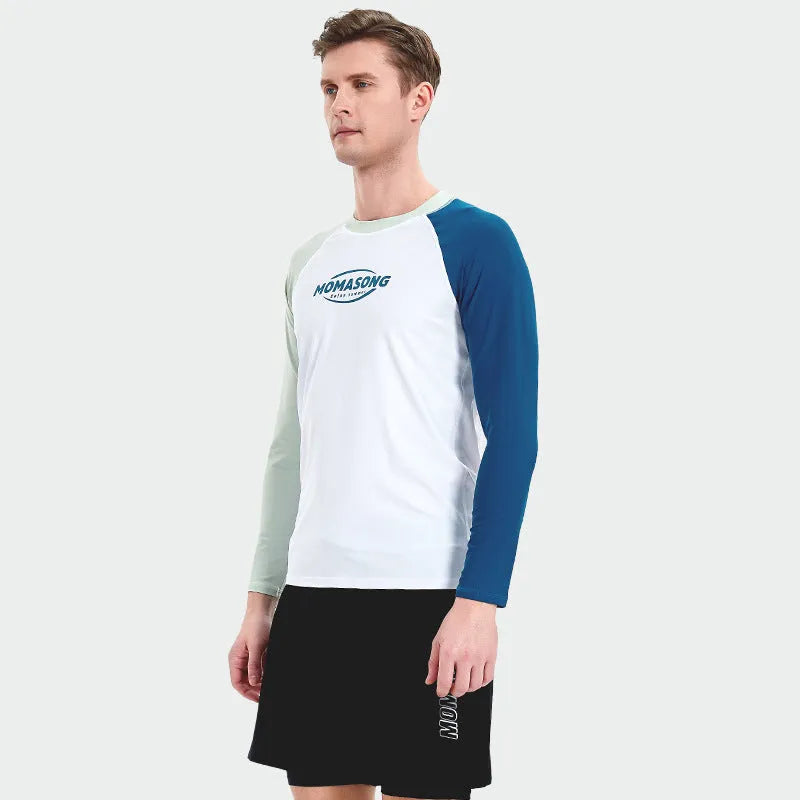 Men's white long-sleeve swim top with matching blue double-layer beach swimming trunks