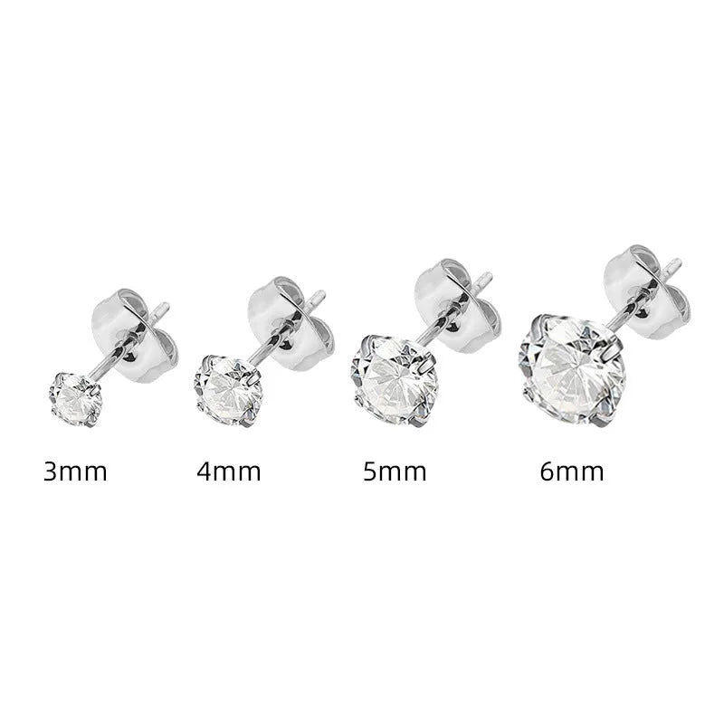 Titanium steel zircon stud earrings in round and square designs with 2mm to 8mm size options