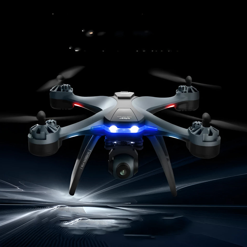 GPS quadrocopter with dual cameras and remote controller showing plastic construction and protective blade covers