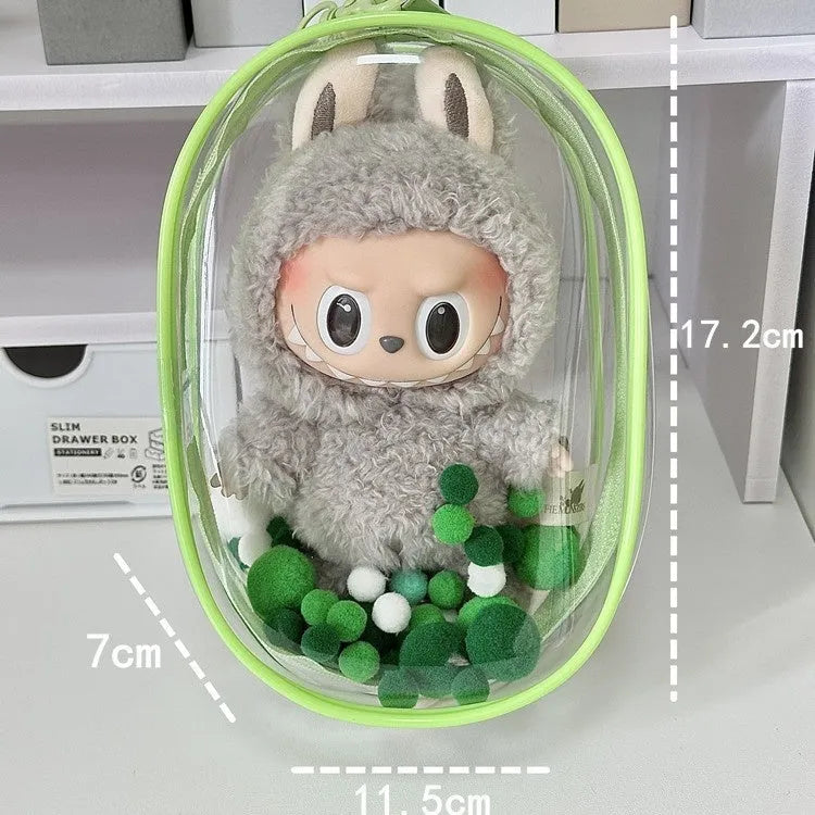 Transparent PVC cube storage bag with colourful ball keychain for cotton dolls and collectibles