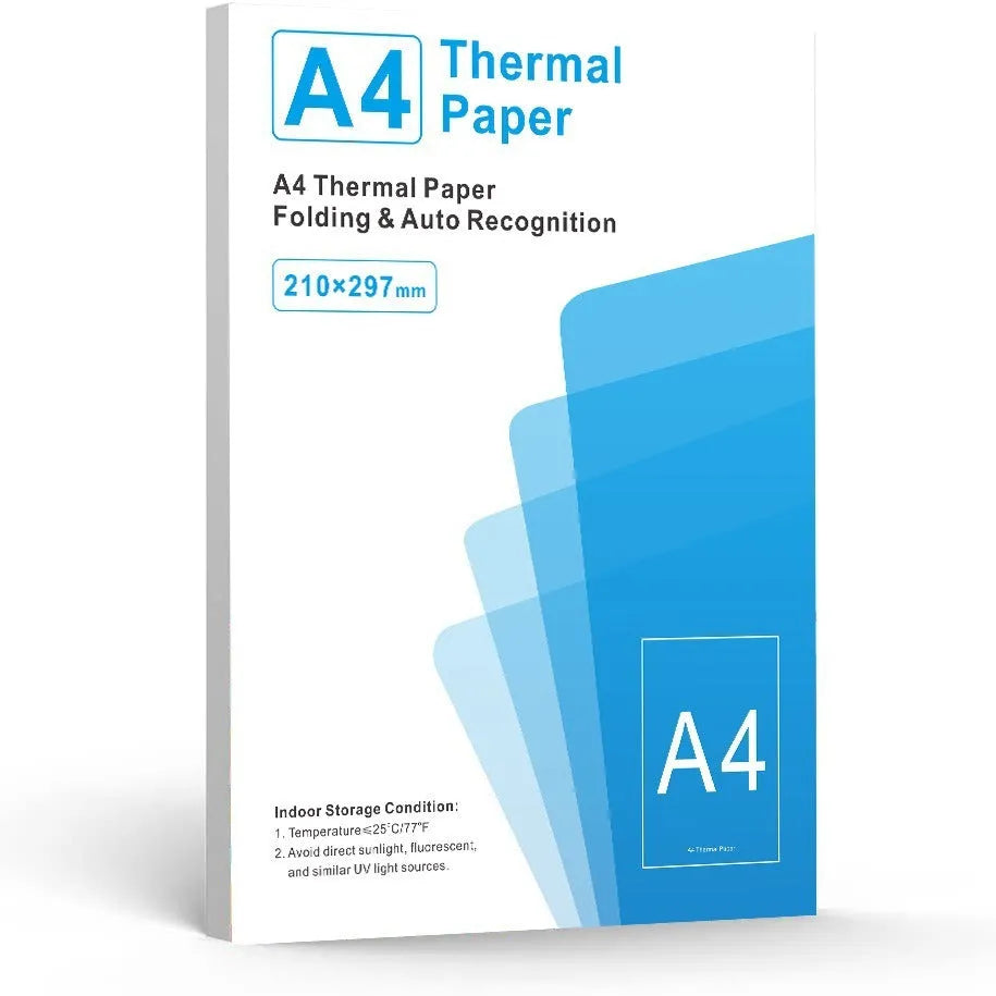 Pack of white A4 thermal paper for portable printers, showing quick-drying thermosensitive sheets